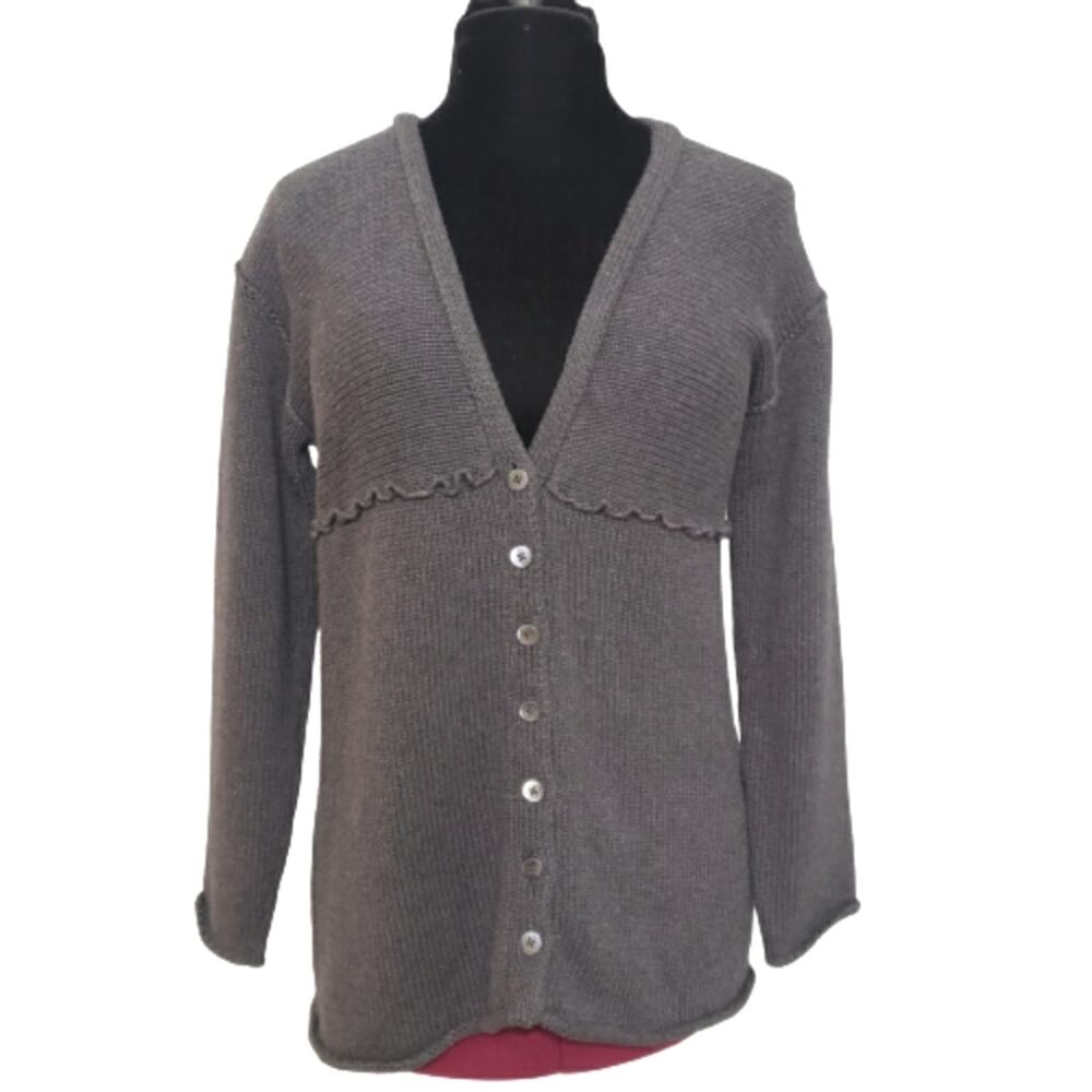 J. Jill Cotton Chunky Knit V Neck Gray Ruffle Seam Cardigan Sweater‎ Medium